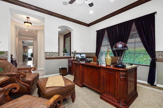 6130 Paseo Monona, Carlsbad, CA 92009 - office area with arched walkways, a ceiling fan, ornamental molding, and plenty of natural light