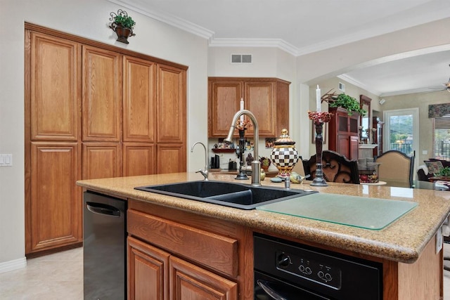 6130 Paseo Monona, Carlsbad, CA 92009 - kitchen featuring brown cabinetry, arched walkways, a center island with sink, crown molding, and dishwashing machine