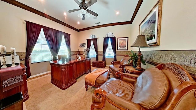 6130 Paseo Monona, Carlsbad, CA 92009 - office space with a ceiling fan, crown molding, wainscoting, and recessed lighting