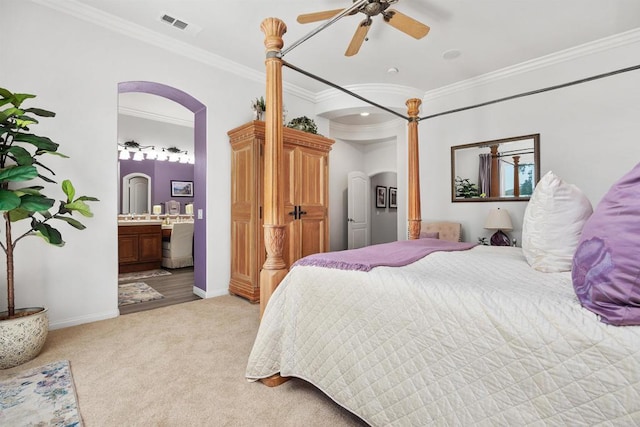 6130 Paseo Monona, Carlsbad, CA 92009 - bedroom featuring arched walkways, crown molding, light carpet, ensuite bath, and ceiling fan
