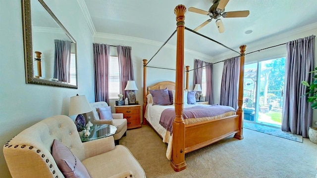 6130 Paseo Monona, Carlsbad, CA 92009 - bedroom featuring access to exterior, crown molding, carpet floors, and a ceiling fan