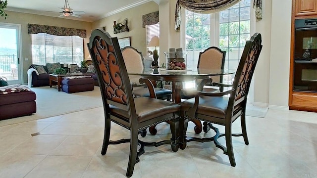 6130 Paseo Monona, Carlsbad, CA 92009 - dining area with crown molding, ceiling fan, and light tile patterned floors