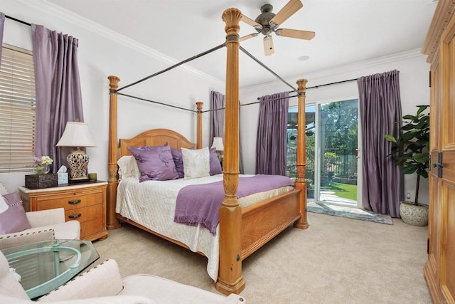 6130 Paseo Monona, Carlsbad, CA 92009 - bedroom with access to outside, crown molding, light carpet, and a ceiling fan