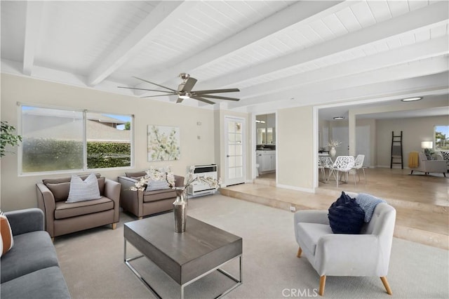 18643 Las Flores St, Fountain Valley, CA 92708 - carpeted living room featuring beamed ceiling and a ceiling fan