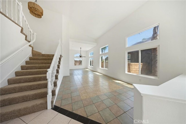 40132 White Leaf Ln, Murrieta, CA 92562 - entrance foyer featuring stairway, a high ceiling, and ceiling fan