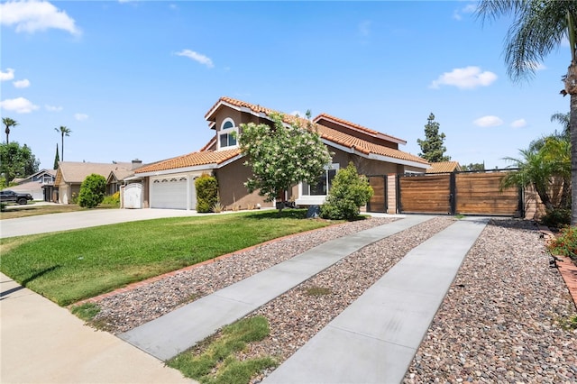 7250 Goldboro Ln, Riverside, CA 92506 - view of front of home with a tile roof, stucco siding, an attached garage, a gate, and concrete driveway