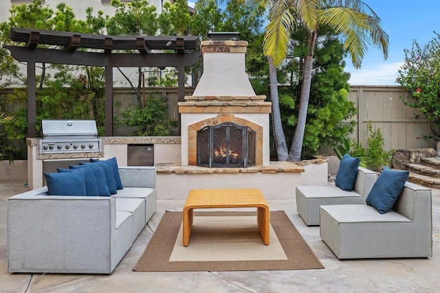 7603 Circulo Sequoia, Carlsbad, CA 92009 - fenced backyard featuring an outdoor living space with a fireplace, area for grilling, a patio, and a pergola