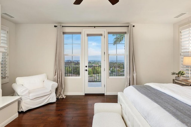 7603 Circulo Sequoia, Carlsbad, CA 92009 - bedroom with access to outside, dark wood-style floors, and a ceiling fan