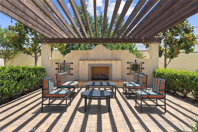 911 Santa Fe Ave Unit A, San Gabriel, CA 91776 - view of patio / terrace with an outdoor living space with a fireplace and a pergola