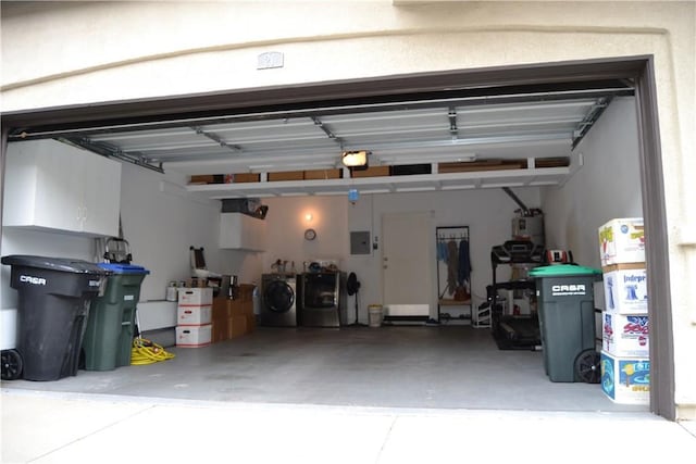 21 Veneto Ln, Aliso Viejo, CA 92656 - garage featuring washing machine and clothes dryer, electric panel, a garage door opener, and water heater