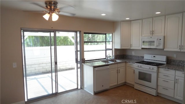 6821 Rocky Grove Ct Unit 13, Yorba Linda, CA 92886 - kitchen featuring white appliances, plenty of natural light, a ceiling fan, white cabinets, and recessed lighting