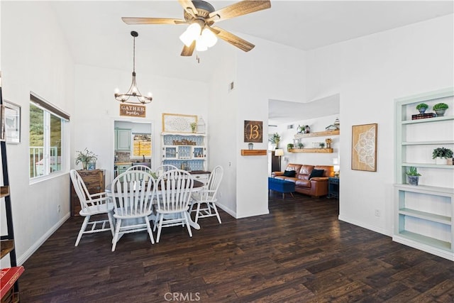 27763 Sequoia Glen Dr, Valencia, CA 91354 - dining room with wood finished floors, high vaulted ceiling, a chandelier, and a ceiling fan