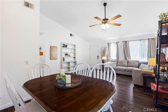 27763 Sequoia Glen Dr, Valencia, CA 91354 - dining area featuring ceiling fan, high vaulted ceiling, wood finished floors, and built in shelves