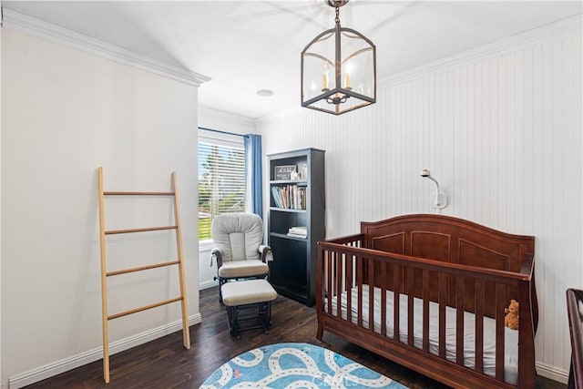 27763 Sequoia Glen Dr, Valencia, CA 91354 - bedroom with wood finished floors, ornamental molding, and a chandelier