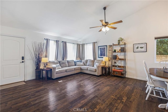 27763 Sequoia Glen Dr, Valencia, CA 91354 - living room featuring dark wood-style flooring, ceiling fan, and high vaulted ceiling