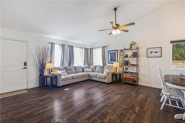 27763 Sequoia Glen Dr, Valencia, CA 91354 - living area with dark wood-type flooring, ceiling fan, and high vaulted ceiling