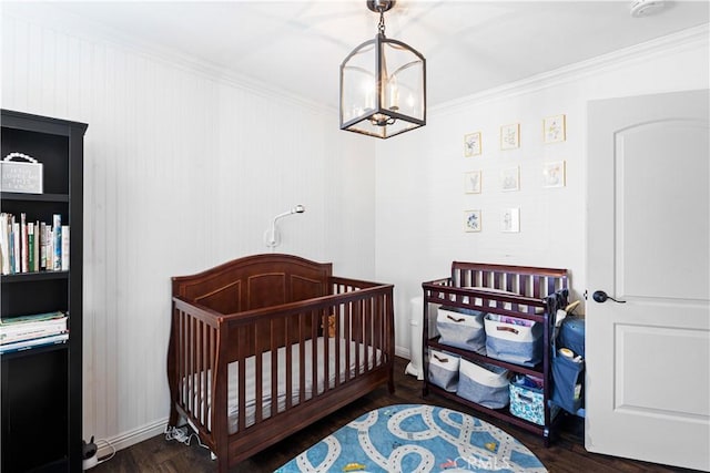 27763 Sequoia Glen Dr, Valencia, CA 91354 - bedroom with ornamental molding, wood finished floors, and a chandelier