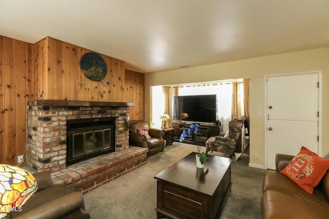 3036 Fairesta St, La Crescenta, CA 91214 - carpeted living area featuring wooden walls and a brick fireplace