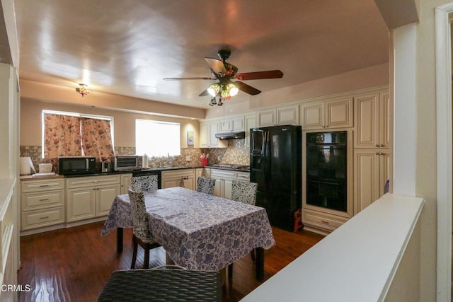 3036 Fairesta St, La Crescenta, CA 91214 - kitchen with black appliances, backsplash, ceiling fan, and dark wood-style floors