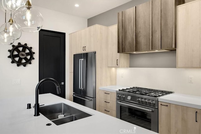 756 W 19th St Unit B, Costa Mesa, CA 92627 - kitchen with high end appliances, light brown cabinets, light countertops, modern cabinets, and recessed lighting