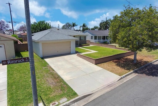 11815 Rimrock Dr, La Mirada, CA 90638 - ranch-style home with a front lawn, concrete driveway, roof with shingles, stucco siding, and a garage