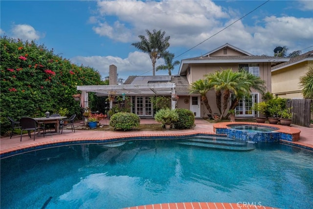 6351 Gloria Dr, Huntington Beach, CA 92647 - view of pool featuring french doors, a pergola, a patio area, and a pool with connected hot tub