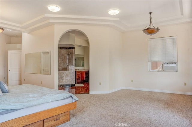 11110 Choctaw Dr, Bakersfield, CA 93308 - bedroom featuring cooling unit, carpet, arched walkways, and ensuite bath