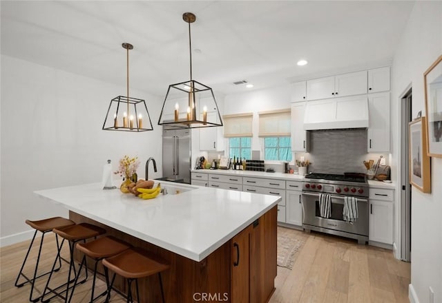 1212 Carmel St, San Luis Obispo, CA 93401 - kitchen featuring high end appliances, custom exhaust hood, light wood-style floors, decorative backsplash, and white cabinetry