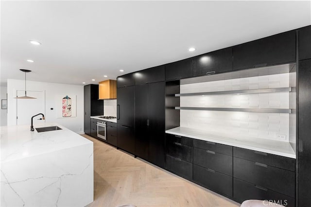 45 Morena, Irvine, CA 92612 - kitchen featuring open shelves, dark cabinetry, modern cabinets, stainless steel appliances, and recessed lighting