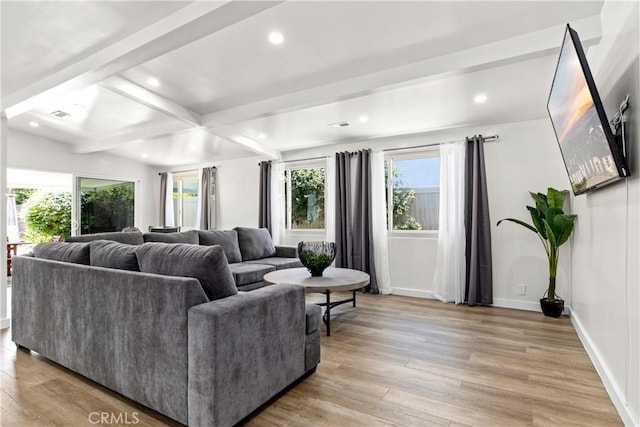 6535 Mary Ellen Ave, Valley Glen, CA 91401 - living area featuring plenty of natural light, light wood finished floors, recessed lighting, and beamed ceiling