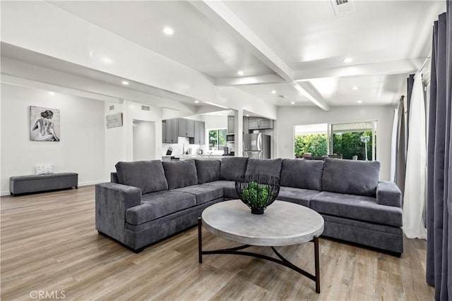 6535 Mary Ellen Ave, Valley Glen, CA 91401 - living room featuring light wood-type flooring, recessed lighting, and beam ceiling