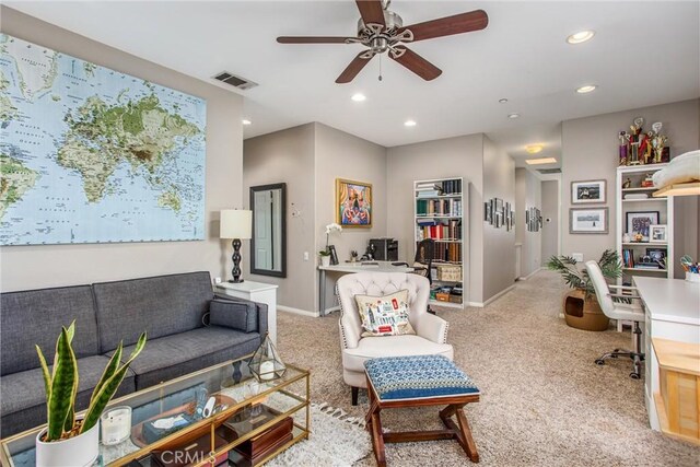 512 Golden W Dr, Redlands, CA 92373 - carpeted living room with a desk, ceiling fan, and recessed lighting