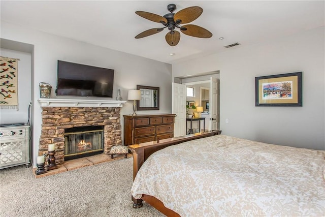 512 Golden W Dr, Redlands, CA 92373 - bedroom featuring carpet, a fireplace, and ceiling fan