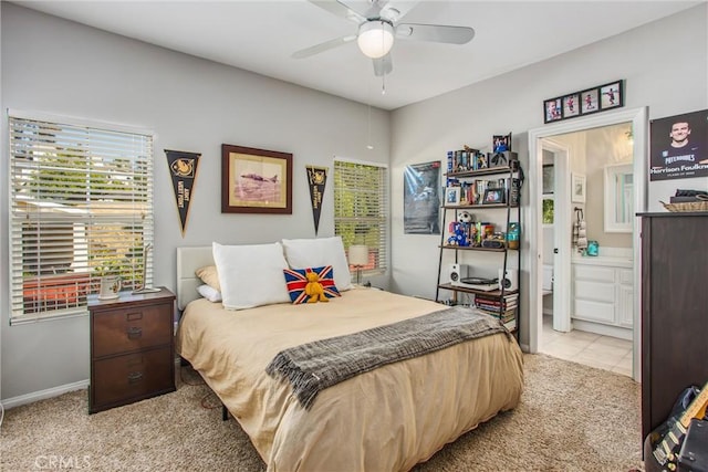 512 Golden W Dr, Redlands, CA 92373 - carpeted bedroom featuring ensuite bath and ceiling fan