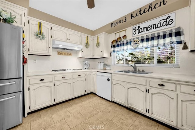 15902 Santa Fe St, Whittier, CA 90603 - kitchen featuring white appliances, under cabinet range hood, light countertops, and ceiling fan