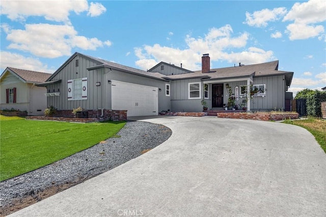 15902 Santa Fe St, Whittier, CA 90603 - single story home featuring board and batten siding, concrete driveway, a chimney, a garage, and a front yard