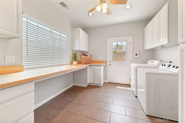 19615 E Tudor St, Covina, CA 91724 - laundry room with cabinet space, independent washer and dryer, a ceiling fan, light tile patterned flooring, and a desk