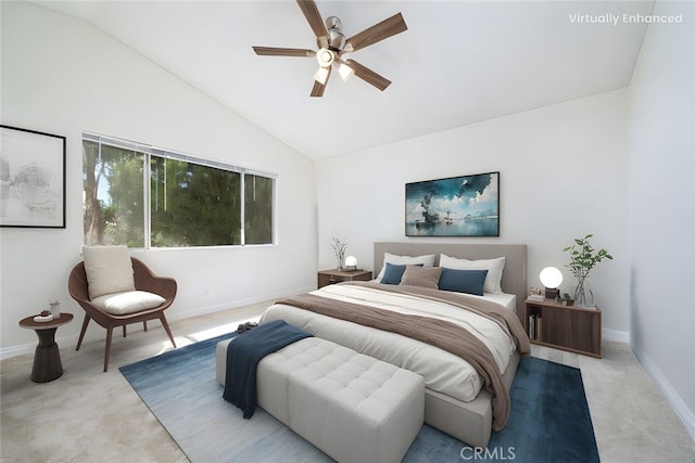 11500 Winery Dr, Fontana, CA 92337 - bedroom featuring light colored carpet, ceiling fan, and high vaulted ceiling