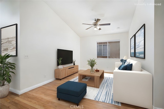 11500 Winery Dr, Fontana, CA 92337 - living room featuring wood finished floors, a ceiling fan, and vaulted ceiling