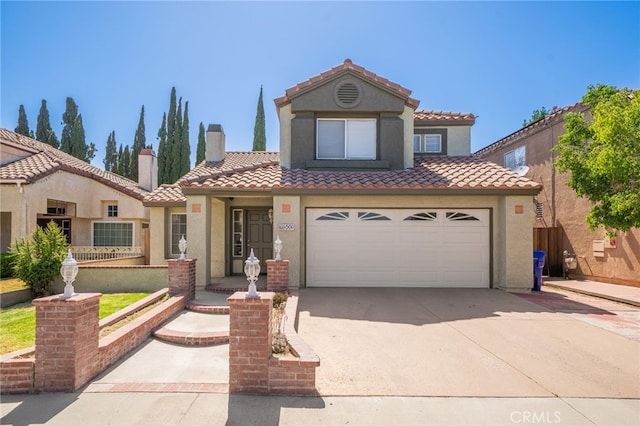 11500 Winery Dr, Fontana, CA 92337 - mediterranean / spanish house featuring driveway, a tile roof, stucco siding, and a chimney