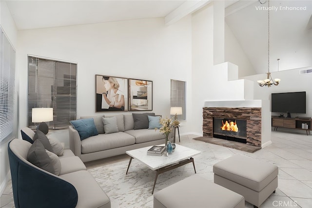 11500 Winery Dr, Fontana, CA 92337 - living room featuring a chandelier, high vaulted ceiling, a stone fireplace, and beam ceiling