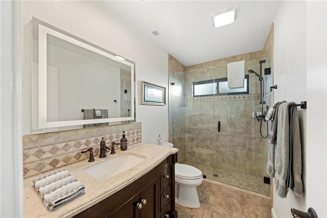 33851 Madera De Playa, Temecula, CA 92592 - bathroom with vanity, a shower stall, and tasteful backsplash