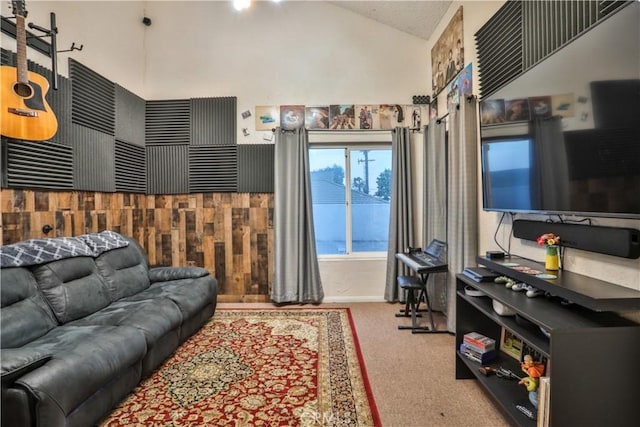 6073 Cameo St, Rancho Cucamonga, CA 91701 - living room featuring high vaulted ceiling and carpet
