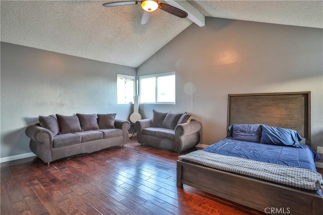 6073 Cameo St, Rancho Cucamonga, CA 91701 - bedroom with beamed ceiling, hardwood / wood-style flooring, a textured ceiling, a ceiling fan, and high vaulted ceiling