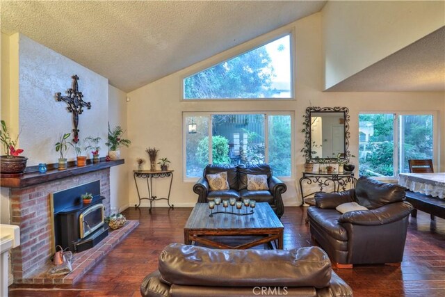 6073 Cameo St, Rancho Cucamonga, CA 91701 - living room with a textured ceiling, wood-type flooring, plenty of natural light, high vaulted ceiling, and a wood stove