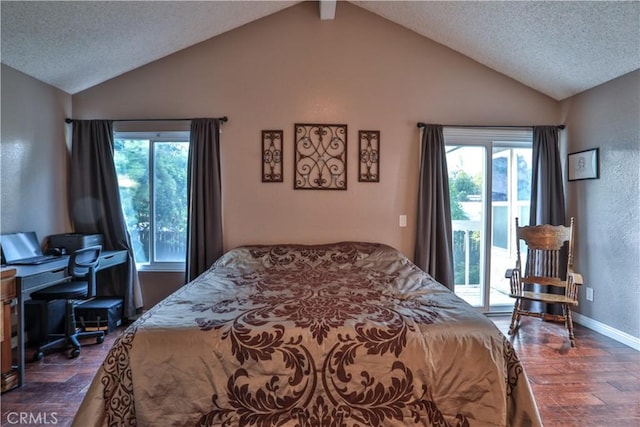 6073 Cameo St, Rancho Cucamonga, CA 91701 - bedroom featuring access to exterior, dark wood-style flooring, vaulted ceiling, multiple windows, and a textured ceiling