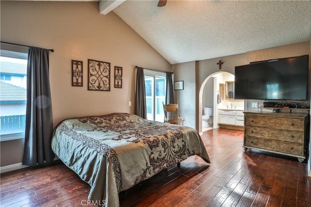6073 Cameo St, Rancho Cucamonga, CA 91701 - bedroom with arched walkways, wood-type flooring, access to outside, ensuite bathroom, and a ceiling fan