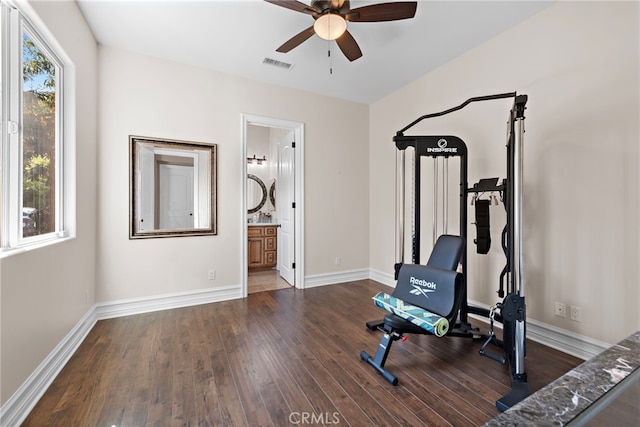 38150 Via Huerta, Murrieta, CA 92562 - workout area with a ceiling fan and wood finished floors