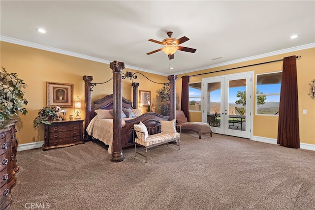 38150 Via Huerta, Murrieta, CA 92562 - carpeted bedroom featuring access to exterior, crown molding, french doors, recessed lighting, and a ceiling fan