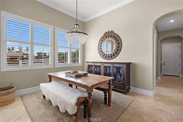 38150 Via Huerta, Murrieta, CA 92562 - dining room with arched walkways, ornamental molding, a chandelier, and light tile patterned floors